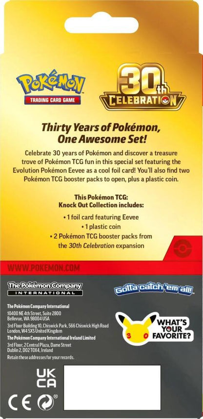 Pokemon TCG 30th Celebration Knock Out Collection – Eevee Foil Promo Card, 2 Booster Packs, Plastic Coin, Official Pokémon Trading Card Game Collectible Gift Set (PREORDER - Release Date September 16, 2026)