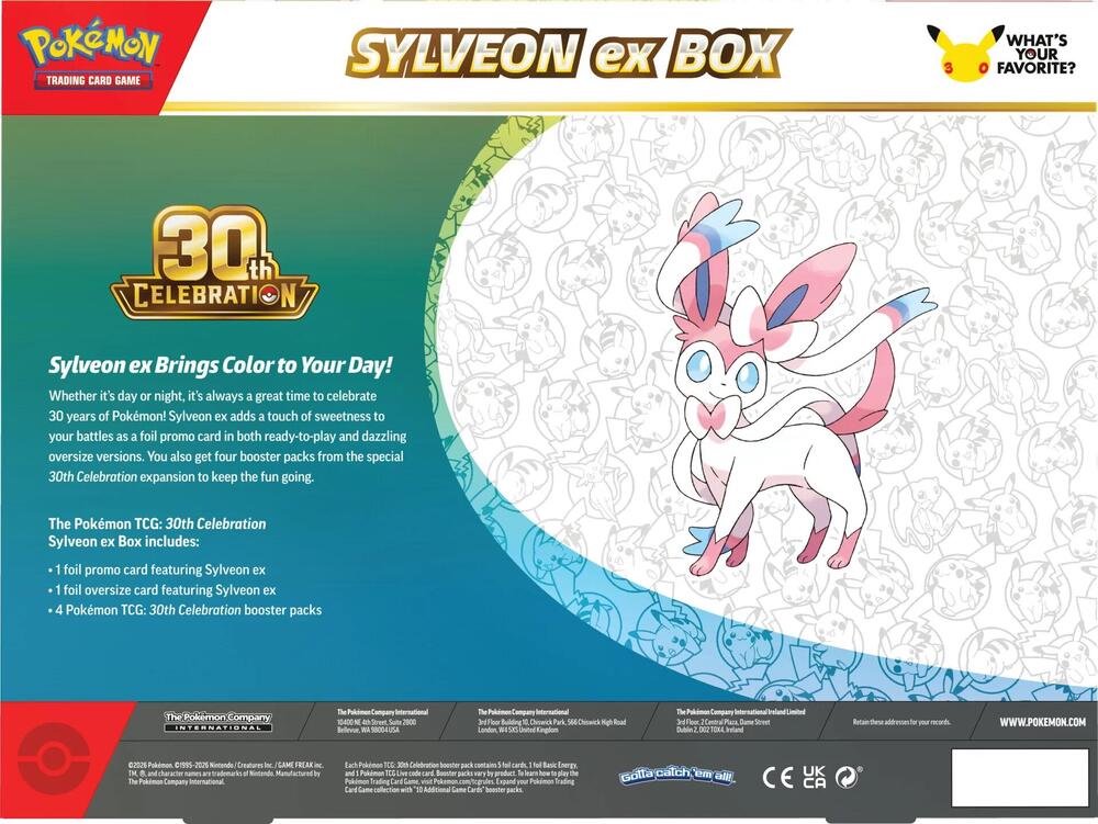 Pokemon TCG 30th Celebration Sylveon ex Box | Includes Foil Sylveon ex Promo Card, Oversized Foil Card & 4 Pokemon 30th Celebration Booster Packs | Trading Card Game Collectible (PREORDER - Release Date September 16, 2026)